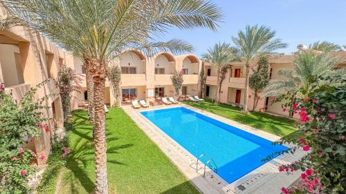 马萨阿拉姆Gemma Resort的享有别墅的空中景致,设有游泳池和棕榈树