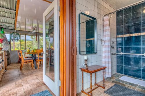 纽沃阿雷纳尔Arenal Chill Inn的带淋浴和桌子的浴室