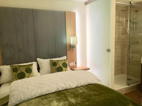 赫兴施万德Apartment Mini Suite的一间卧室设有一张大床和淋浴