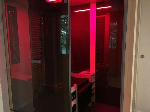 赫兴施万德Apartment Mini Suite的红色的浴室设有玻璃淋浴间和粉红色的灯
