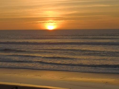 比斯卡罗斯海滩Appartement Biscarrosse plage front de mer 4 personnes的一个人在海滩上散步,欣赏海洋上的日落