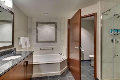格伦艾伦Drury Plaza Hotel Richmond的带浴缸、盥洗盆和卫生间的浴室