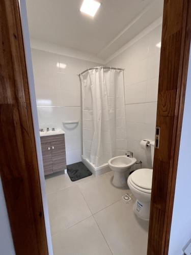 乌斯怀亚Sur Department的白色的浴室设有卫生间和淋浴。