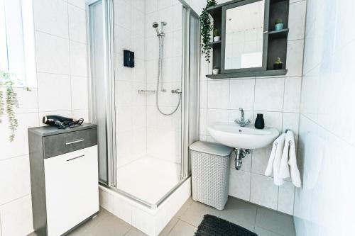 哈恩Zentral-Kingsize Bett-Playstation 4-HBF nach Köln und Düsseldorf的带淋浴和盥洗盆的白色浴室