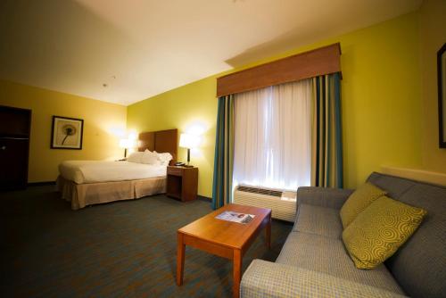 利索尼亚亚特兰大东 - 利松尼亚智选假日酒店及套房的酒店客房,配有床和沙发