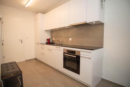 巴塞尔Modern apartment in Basel with free BaselCard的厨房配有白色橱柜、水槽和炉灶。