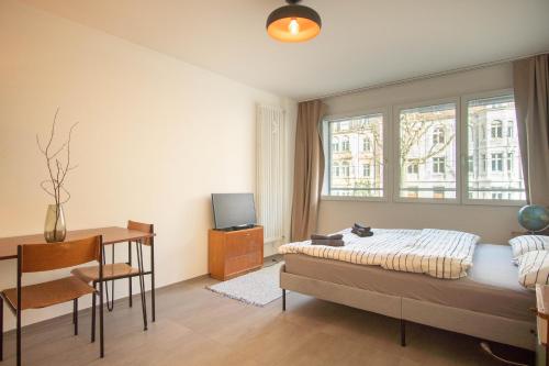 巴塞尔Modern apartment in Basel with free BaselCard的一间卧室配有一张床、一张书桌和一台电视