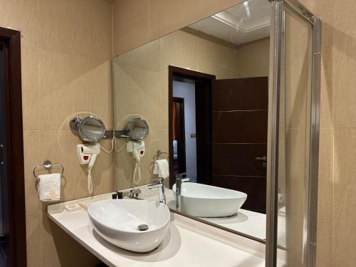 阿布贾Rich Bridge Hotel的一间带水槽和镜子的浴室