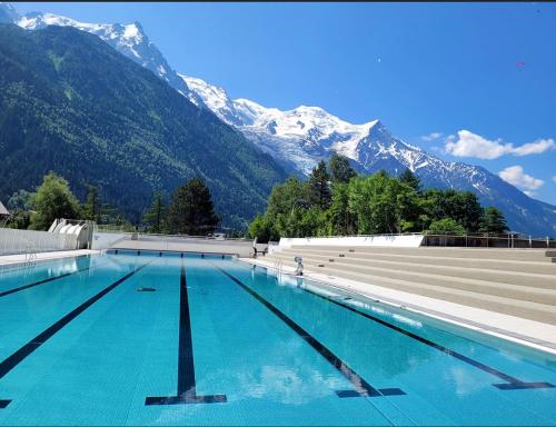 夏蒙尼-勃朗峰Andro的一座游泳池,其背景是白雪覆盖的群山