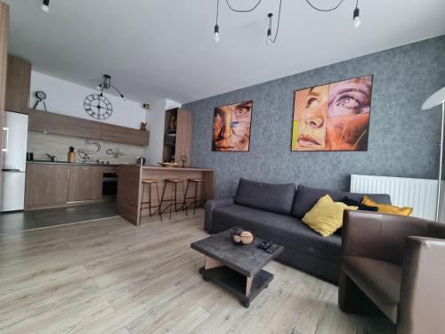 罗兹Q Apart Gold-3 Pokoje Manufaktura Garaż Netflix Klimatyzacja, FV,的带沙发的客厅和厨房