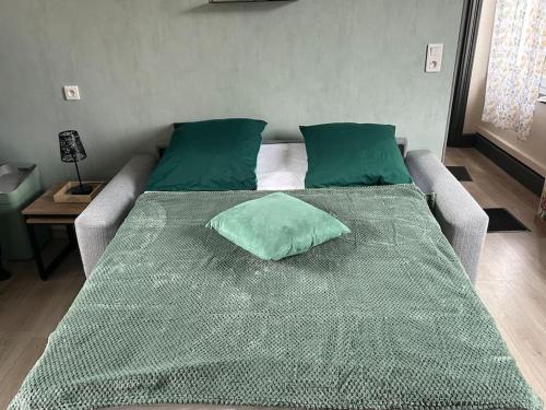 康布雷Martine: appartement 1er étage的床上有绿色枕头