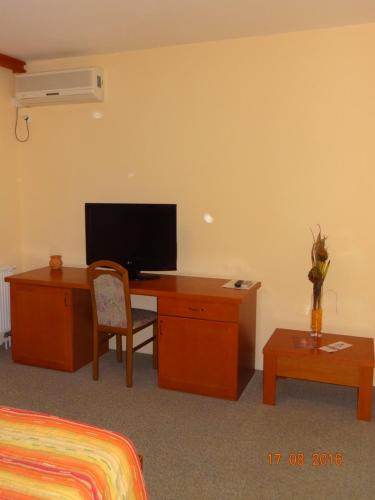 SuzaPiroš čizma的客房设有一张桌子、一台电视和一张床