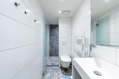 波茨坦Elflein Quartier的白色的浴室设有卫生间和水槽。