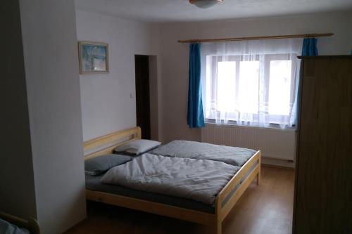 SněžnéChalupa na Vysočině的一间卧室配有床和蓝色窗帘的窗户