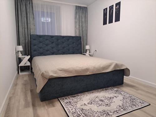 希奥利艾Jaukūs apartamentai centre A. J. Greimo g.的一间卧室配有一张大床和地毯。