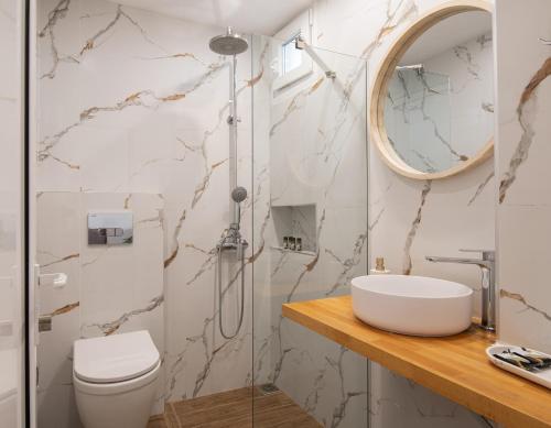 佩科霍里Anastasia Mare Studios的一间带卫生间、水槽和镜子的浴室