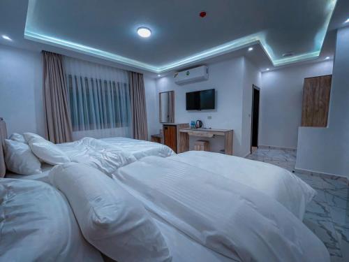 瓦迪穆萨Petra Caravan Guest House的酒店的客房 - 带2张带白色枕头的床