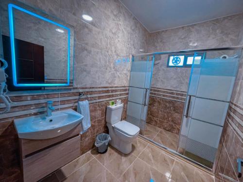 瓦迪穆萨Petra Caravan Guest House的一间带水槽、淋浴和卫生间的浴室
