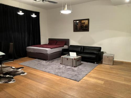 汉堡Luxusapartment Hamburg Hafencity的客厅配有沙发和1张床