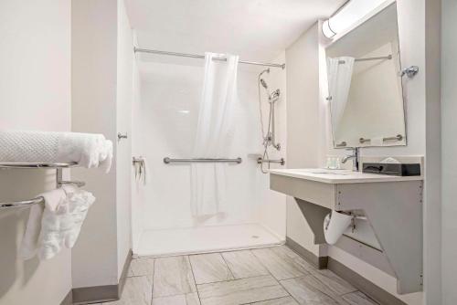 巴拿马城巴拿马城品质酒店及会议中心的带淋浴和盥洗盆的白色浴室