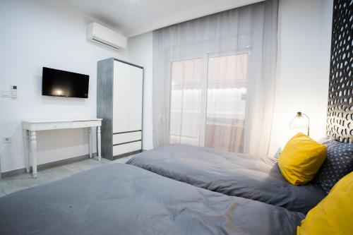 罗德镇Rodini House的一间卧室设有一张床、一台电视和一个窗口。