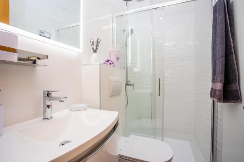 杜埃Apartment Duce 2778b的带淋浴、卫生间和盥洗盆的浴室
