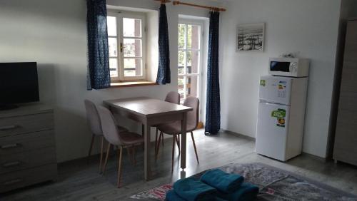 兹拉特霍里Rejviz apartmany的厨房配有桌椅和冰箱。