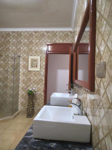 莫希Sprunger Avenue - tulia homes的浴室设有白色水槽和镜子