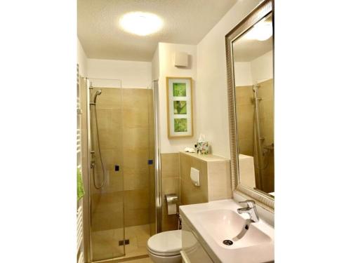 朗格奥Holiday apartment sea air的带淋浴、盥洗盆和卫生间的浴室