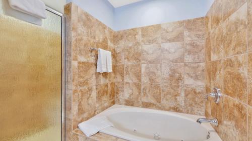 奥沙克湖Four Seasons的带浴缸和玻璃淋浴间的浴室。