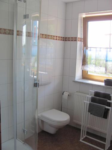 Trunkelsberg#5 Sonniges helles komf Einzelzimmer mit WG Bad W-Lan frei Airport nah gelegen的一间带卫生间和玻璃淋浴间的浴室