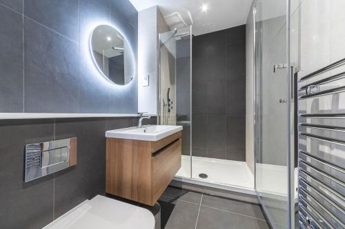 东格林斯特德Modern Studio Apartment in East Grinstead的浴室配有卫生间、盥洗盆和淋浴。