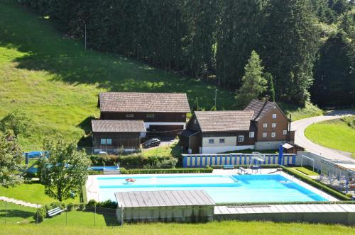 瓦尔岑豪森Gästehaus Eisenhut的享有房子和游泳池的空中景致
