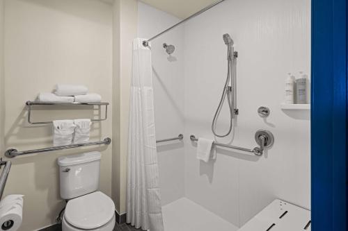 韦恩堡Spark By Hilton Fort Wayne的带淋浴和卫生间的白色浴室