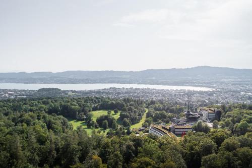 苏黎世The Dolder Grand - City and Spa Resort Zurich的享有湖畔树木中建筑物的空中景色