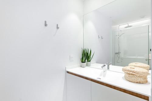 格勒诺布尔Les Appartements de Grenoble的白色的浴室设有水槽和镜子