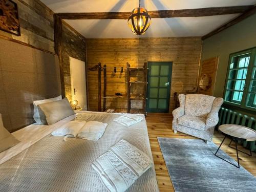 波罗维茨Villa Rila Borovets Mountain & Luxury with Hot Jacuzzi & Sauna的一间卧室配有一张大床和一把椅子