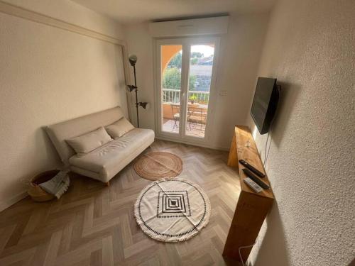 阿格德角Appartement Cap d'Agde dans résidence avec piscine的带沙发和电视的客厅