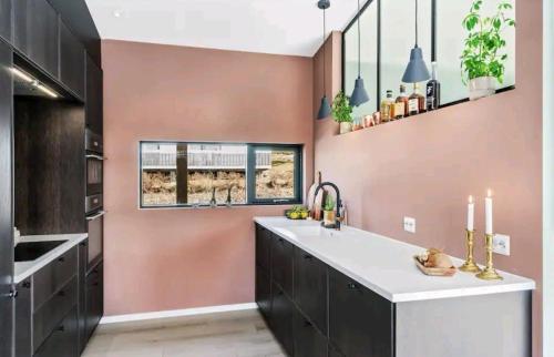 桑讷菲尤尔Modern house near the ocean的一间厨房,拥有粉红色的墙壁和一个大厨房岛