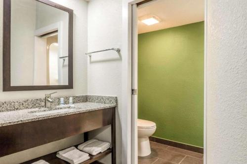 弗洛伍德Travelodge by Wyndham Flowood的浴室设有卫生间和带镜子的盥洗盆