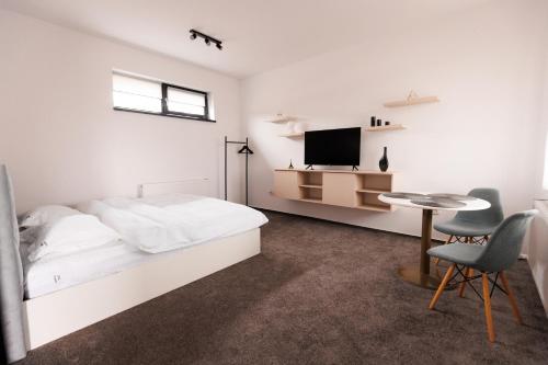 托普利察Zenstay ApartHotel的一间卧室配有一张床、一张桌子和一台电视。