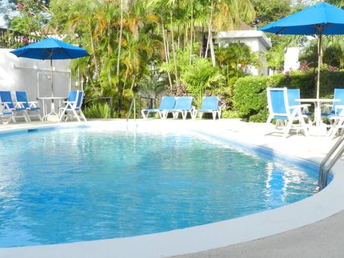 布里奇敦Studio apartment in heart of south coast Barbados的一个带蓝色椅子和遮阳伞的游泳池