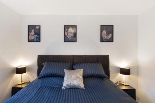 海维康Deluxe 2 bed flat w/free parking的卧室配有一张蓝色的床,墙上挂有三张照片