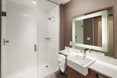 新奥尔良新奥尔良市中心/运河街万豪广场套房酒店的一间带水槽和淋浴的浴室
