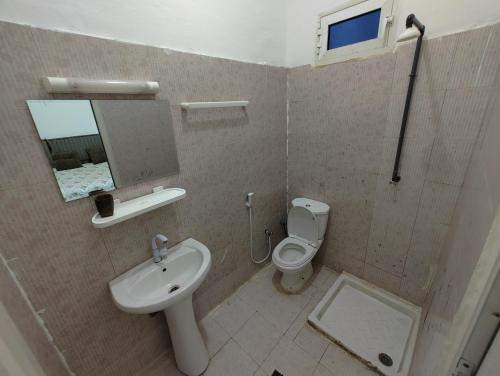 吉布提Miguil House的一间带水槽、卫生间和镜子的浴室