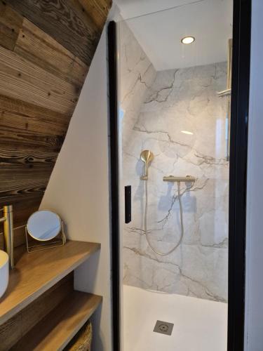 安格勒A l'orée des bois的设有带石墙的步入式淋浴间的浴室