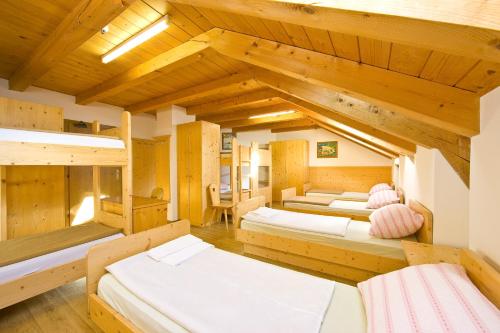 阿尔卑斯休斯山Mahlknechthuette Seiseralm的客房设有三张床和木制天花板。