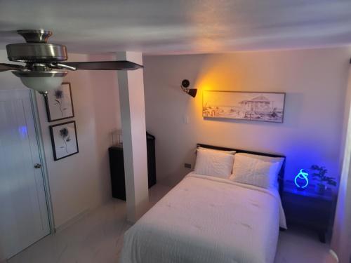 马亚圭斯Vadi's Lux, Wi-fi, coffe, tea, parking, laundry room.的卧室配有一张墙壁上灯床。
