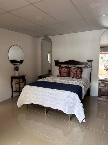 危地马拉安地瓜Casa Geranios Antigua的一间卧室配有一张床和镜子