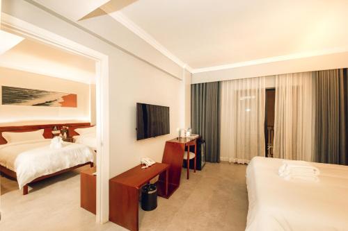 暹粒Solar Hotel的酒店客房设有两张床和电视。